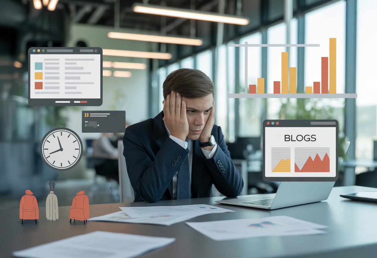 Ein frustrierter Geschäftsmann sitzt an einem Schreibtisch in einem modernen Büro, umgeben von Unterlagen und einem Laptop mit uninteressantem Blog, während leere Stühle und verblasste Diagramme geringe Aufmerksamkeit symbolisieren.