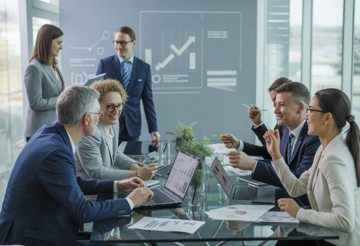 Eine Gruppe von Geschäftsleuten arbeitet gemeinsam an einem modernen Arbeitsplatz mit Laptops und digitalen Geräten.