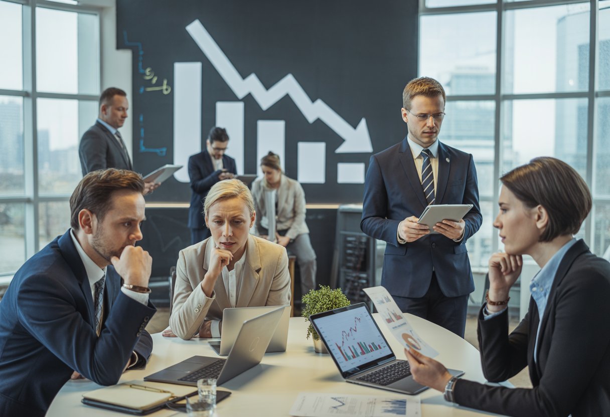 Geschäftsleute in einem modernen Büro betrachten nachdenklich Finanzberichte und Diagramme, die wirtschaftlichen Druck symbolisieren.