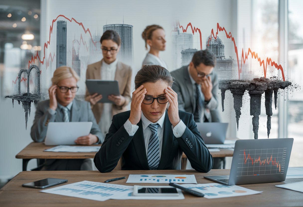 Eine Gruppe von Geschäftspersonen in einem Büro wirkt gestresst und überfordert, umgeben von Computern und Unterlagen mit sinkenden Wirtschaftsdaten.