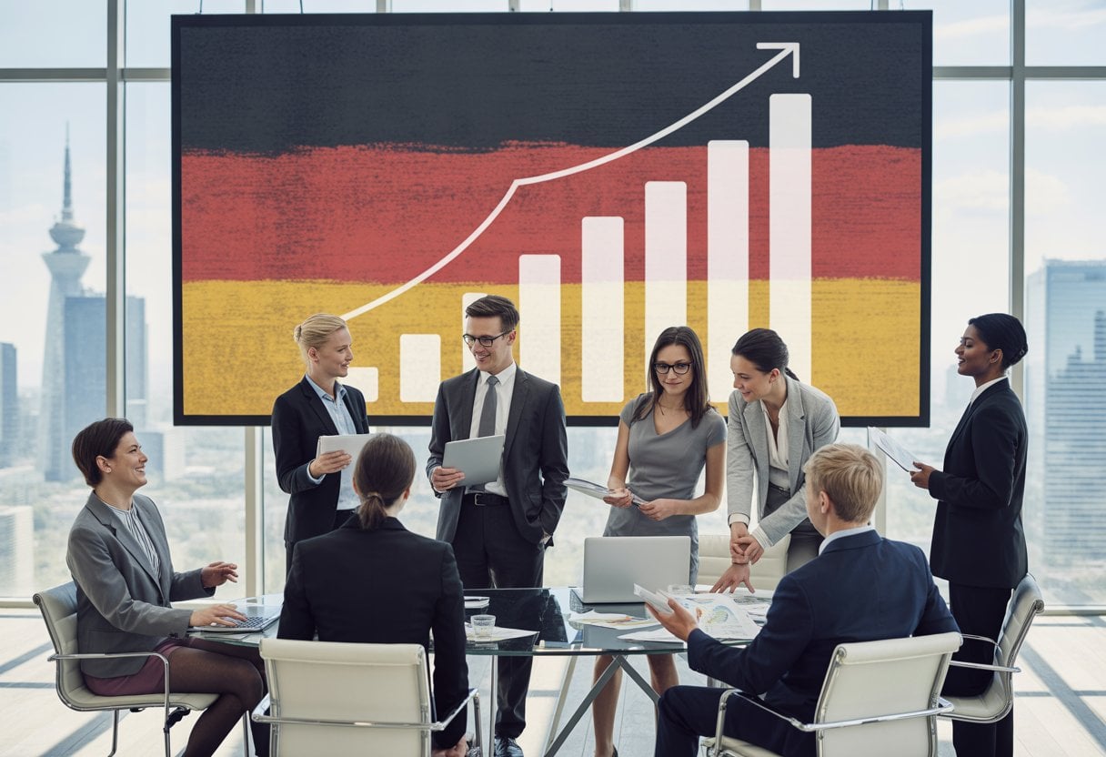 Geschäftsleute in einem modernen Büro führen eine Besprechung mit Diagrammen und einer Stadtsilhouette im Hintergrund.