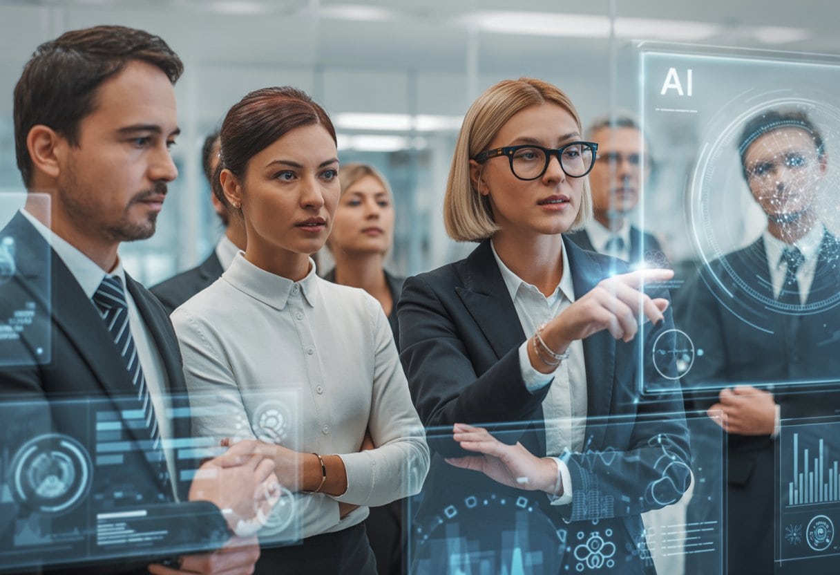 Menschen in einem modernen Büro diskutieren konzentriert vor digitalen Bildschirmen mit abstrakten Daten und Symbolen zu künstlicher Intelligenz.