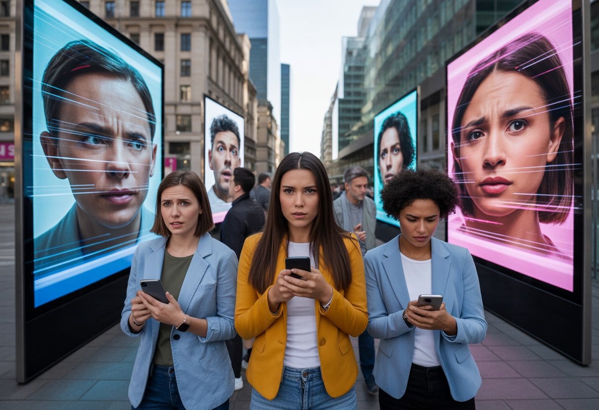 Menschen in einer deutschen Stadt schauen besorgt auf digitale Werbebildschirme und Smartphones.