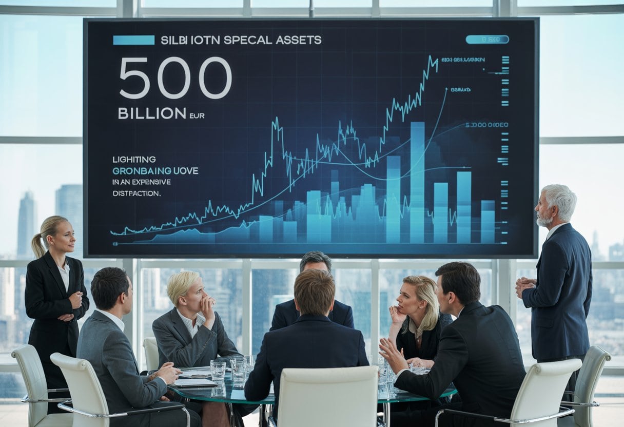 Geschäftsleute diskutieren ernsthaft in einem modernen Büro mit Finanzdiagrammen auf einem großen Bildschirm im Hintergrund.