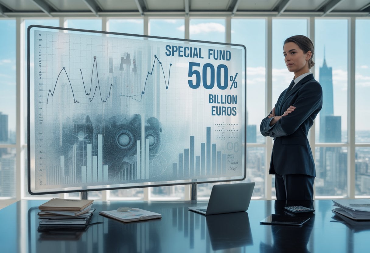 Eine Geschäftsperson steht in einem modernen Büro vor einem digitalen Bildschirm mit Finanzdiagrammen und einer Stadtansicht im Hintergrund.