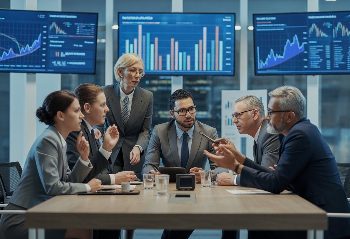 Geschäftsleute diskutieren konzentriert in einem modernen Besprechungsraum mit Finanzdiagrammen im Hintergrund.