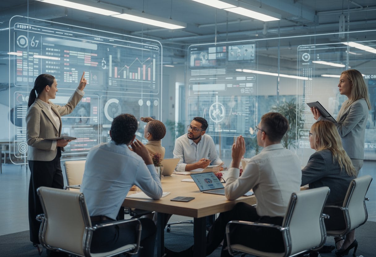 Geschäftsleute in einem modernen Büro diskutieren vor digitalen Bildschirmen über Marketingstrategien.
