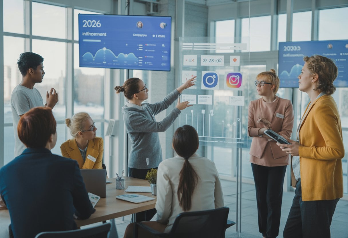 Eine Gruppe junger Fachleute diskutiert in einem modernen Büro vor digitalen Bildschirmen mit Diagrammen und sozialen Medien-Symbolen.