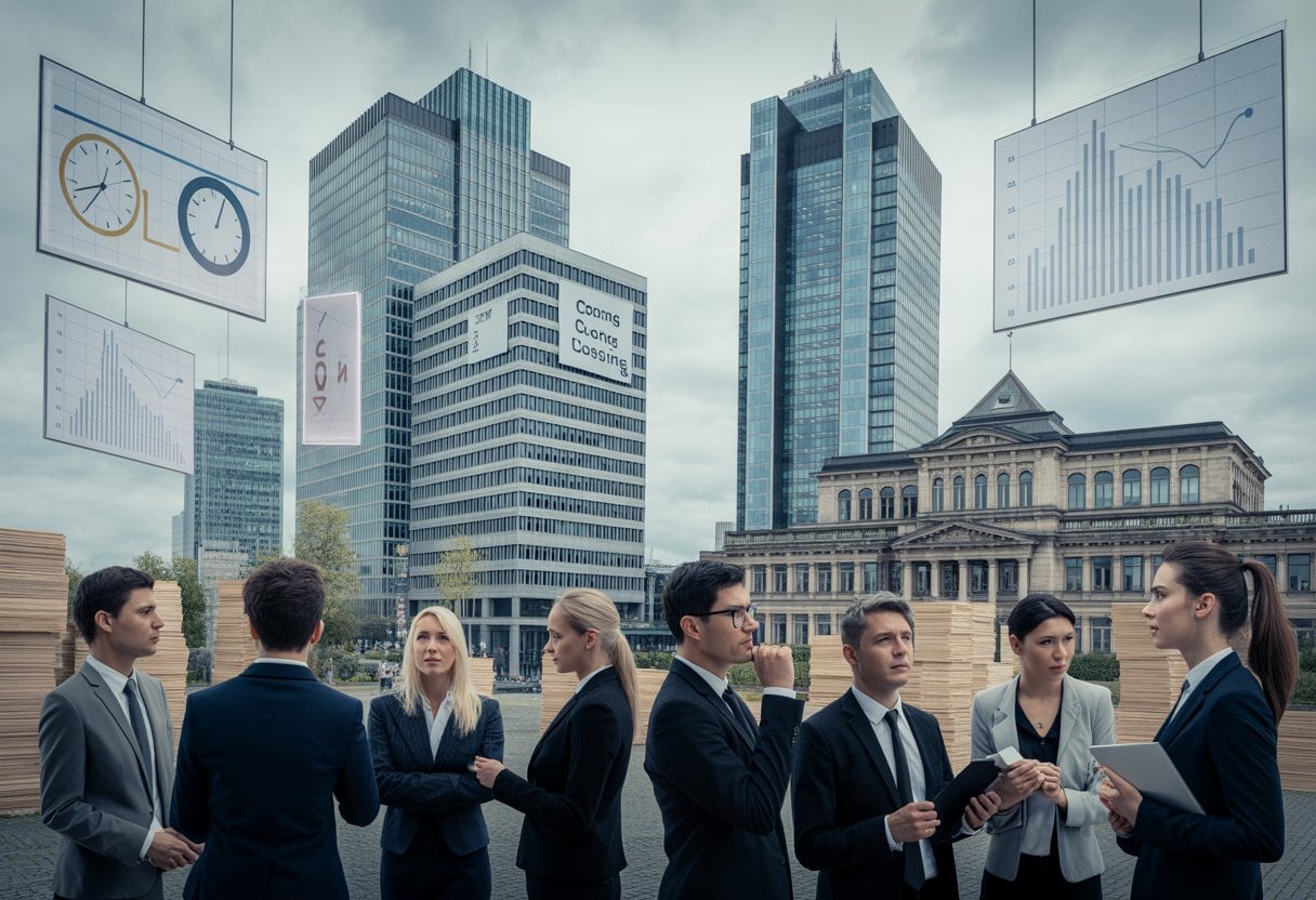 Eine moderne deutsche Stadt mit Bürogebäuden und einem Regierungsgebäude, Geschäftsleute diskutieren besorgt im Vordergrund.