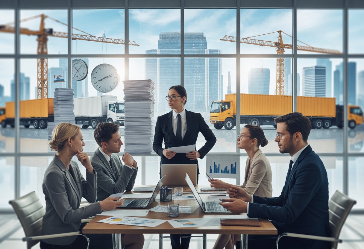 Geschäftsleute diskutieren konzentriert in einem modernen Büro mit Blick auf eine Stadt und Umzugsfahrzeuge.
