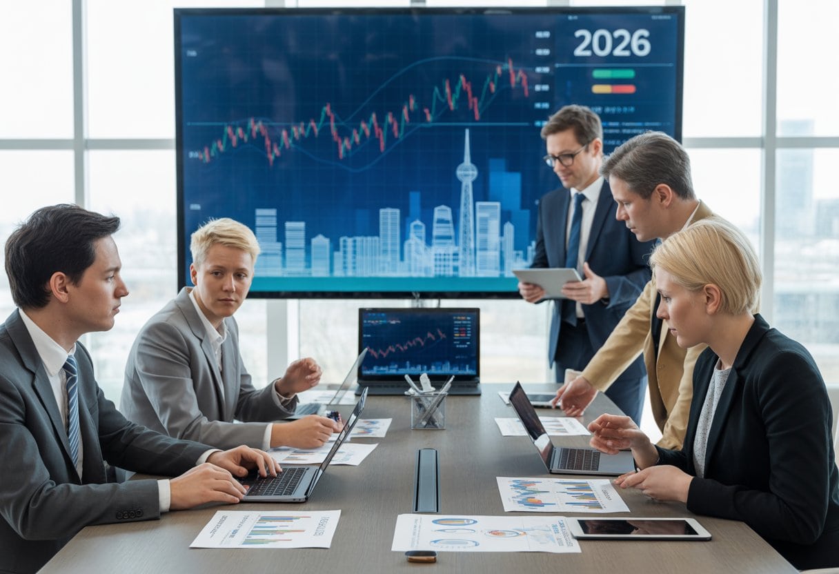 Eine Gruppe von Geschäftsleuten diskutiert an einem Konferenztisch über Finanzdaten, mit einem Bildschirm im Hintergrund, der Finanz- und Immobilieninformationen zeigt.