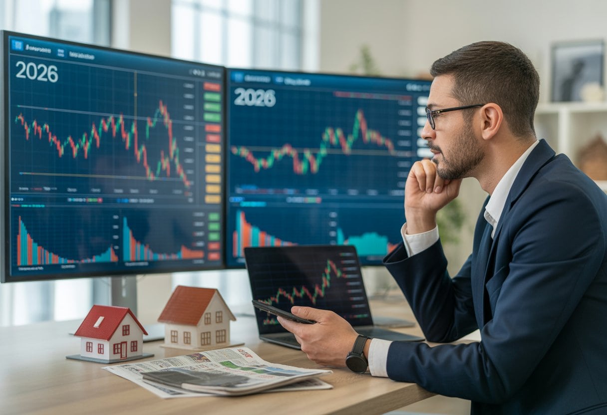 Ein Geschäftsmann analysiert Finanzdiagramme zu Aktien und Immobilien in einem modernen Büro.