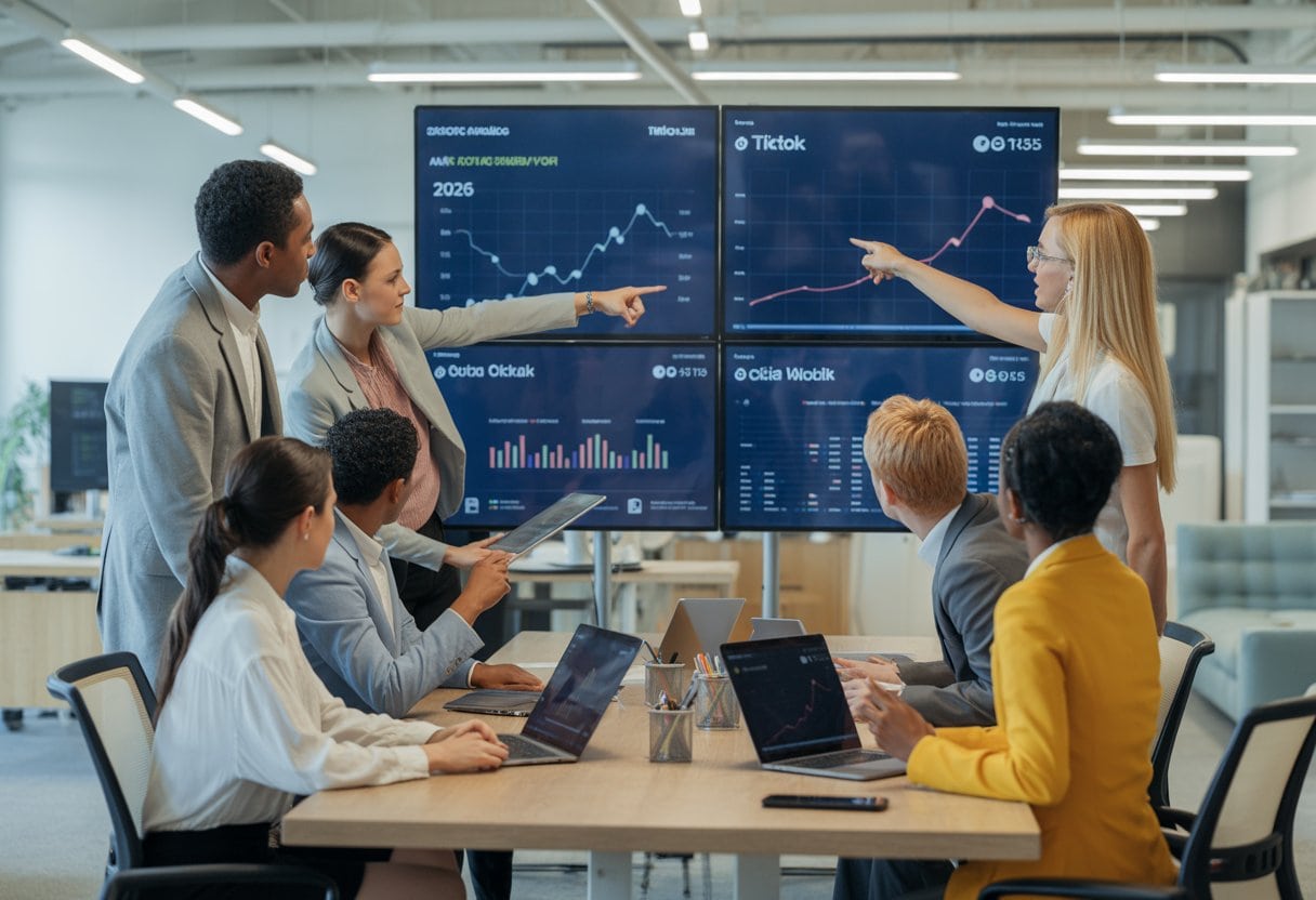 Geschäftsleute diskutieren in einem modernen Büro vor Bildschirmen mit Social-Media-Daten und Diagrammen.