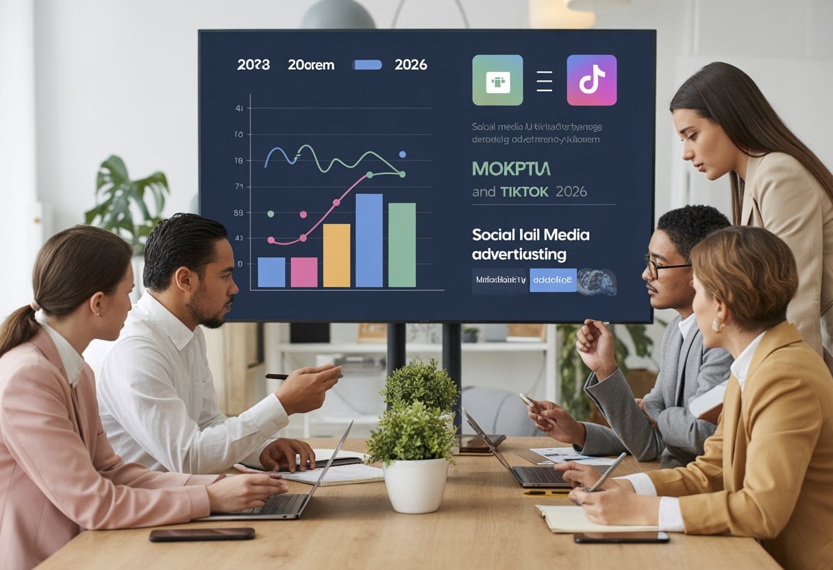 Marketingfachleute diskutieren in einem modernen Büro vor einem Bildschirm mit Diagrammen und Symbolen von Meta und TikTok.