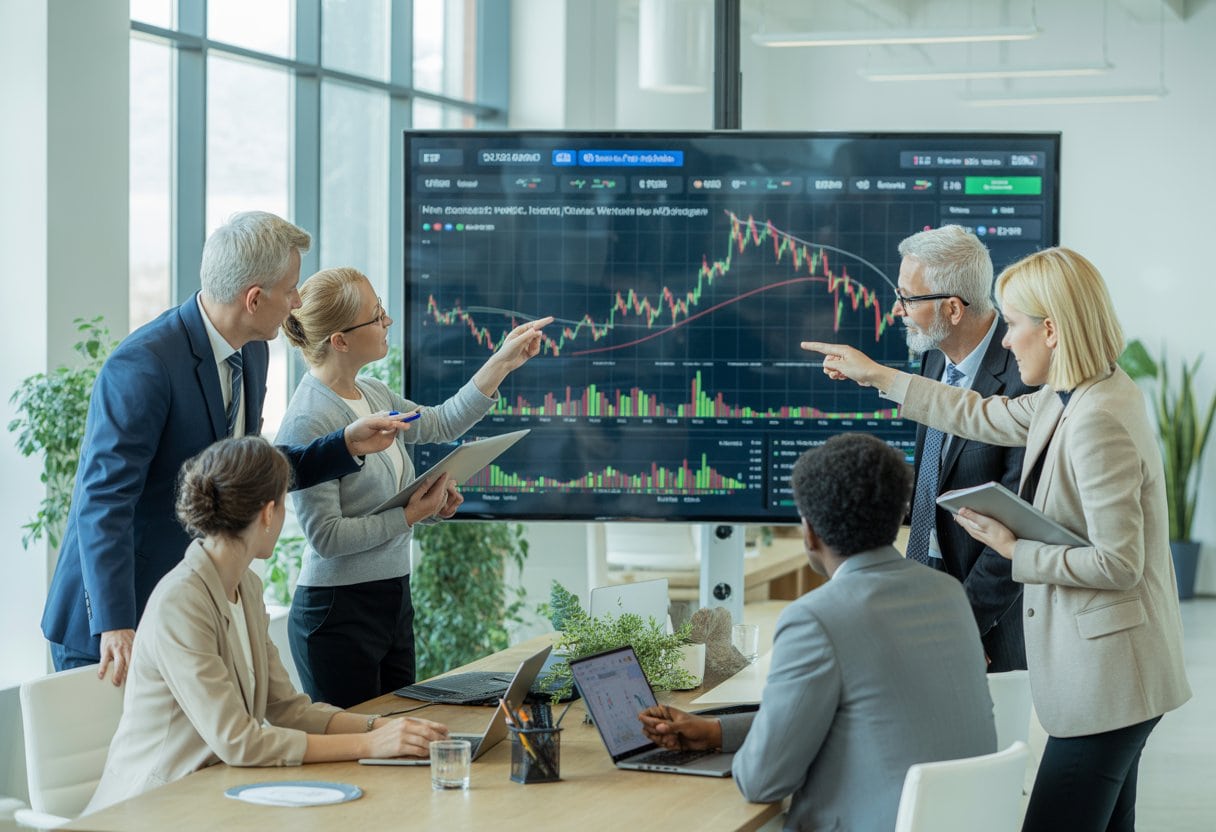 Menschen in einem modernen Büro diskutieren konzentriert vor einem Bildschirm mit Finanzdiagrammen.