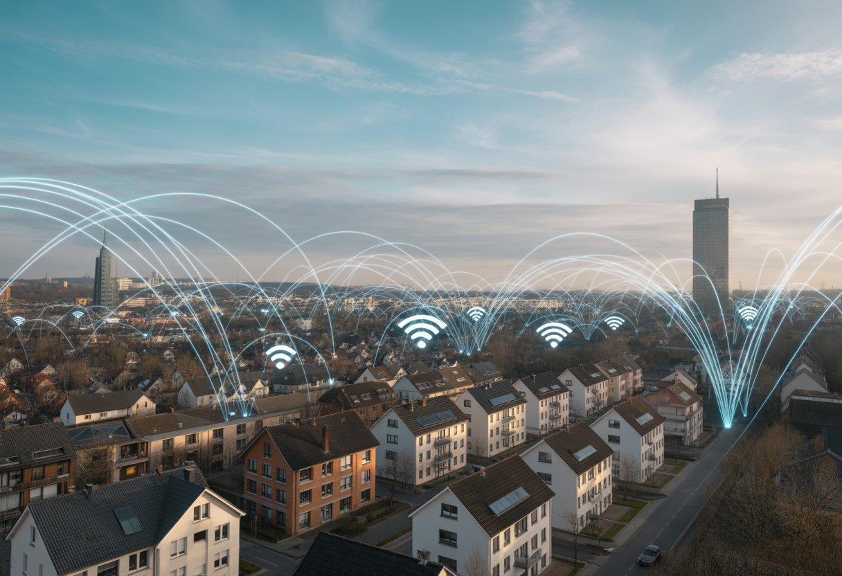 Stadtansicht mit Wohnhäusern und Glasfaserkabeln, die den Ausbau des Festnetzes in Deutschland symbolisieren.