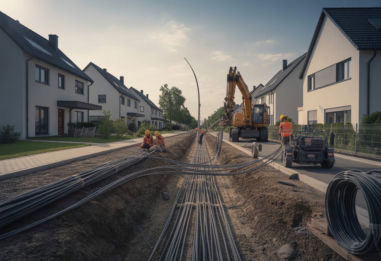 Straße in einem deutschen Wohngebiet mit Arbeitern, die Glasfaserkabel installieren.