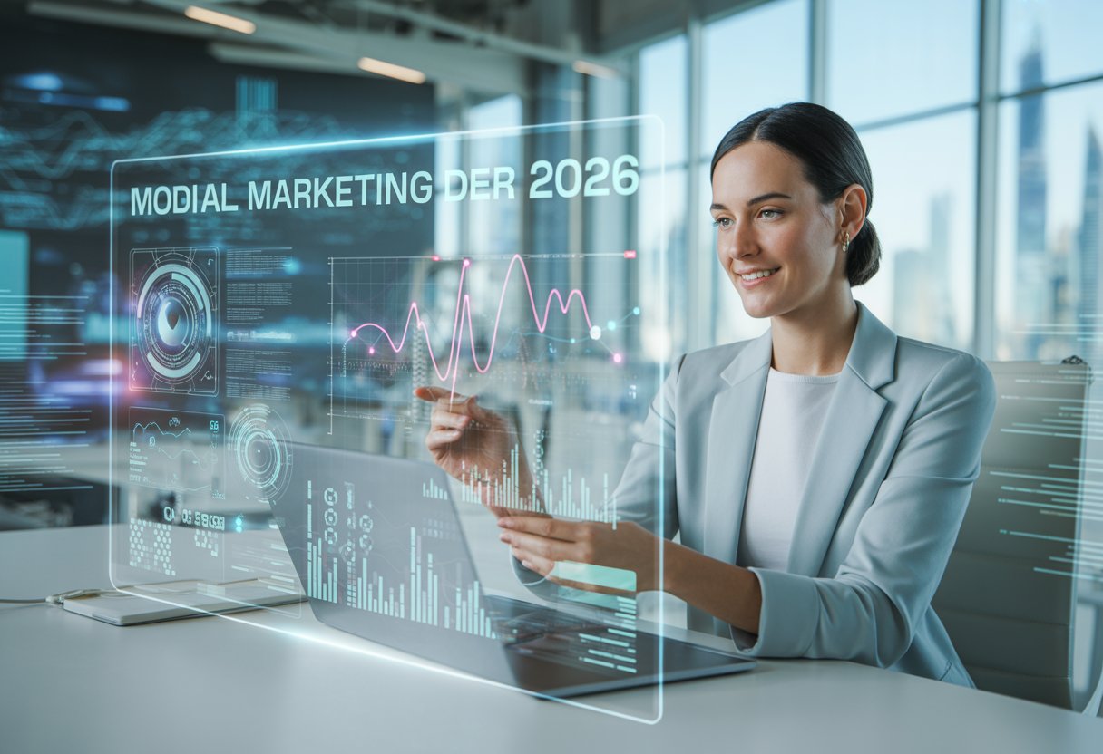 Eine Geschäftsfrau arbeitet an einem holografischen Bildschirm mit KI-Such- und Marketingdaten in einem modernen Büro.