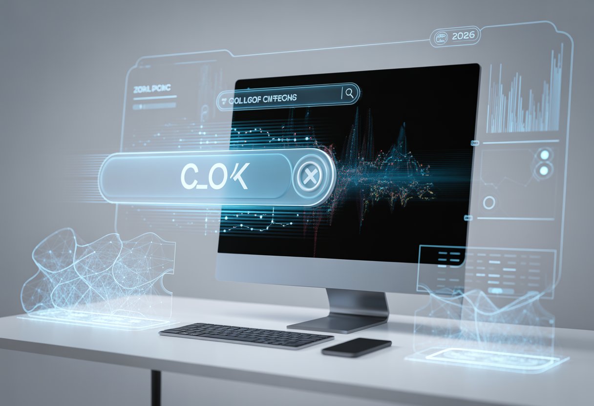 Ein moderner Arbeitsplatz mit einem Computerbildschirm, der abstrakte Daten und digitale Suchergebnisse zeigt, umgeben von futuristischen Elementen, die künstliche Intelligenz und veränderte Werbestrategien symbolisieren.