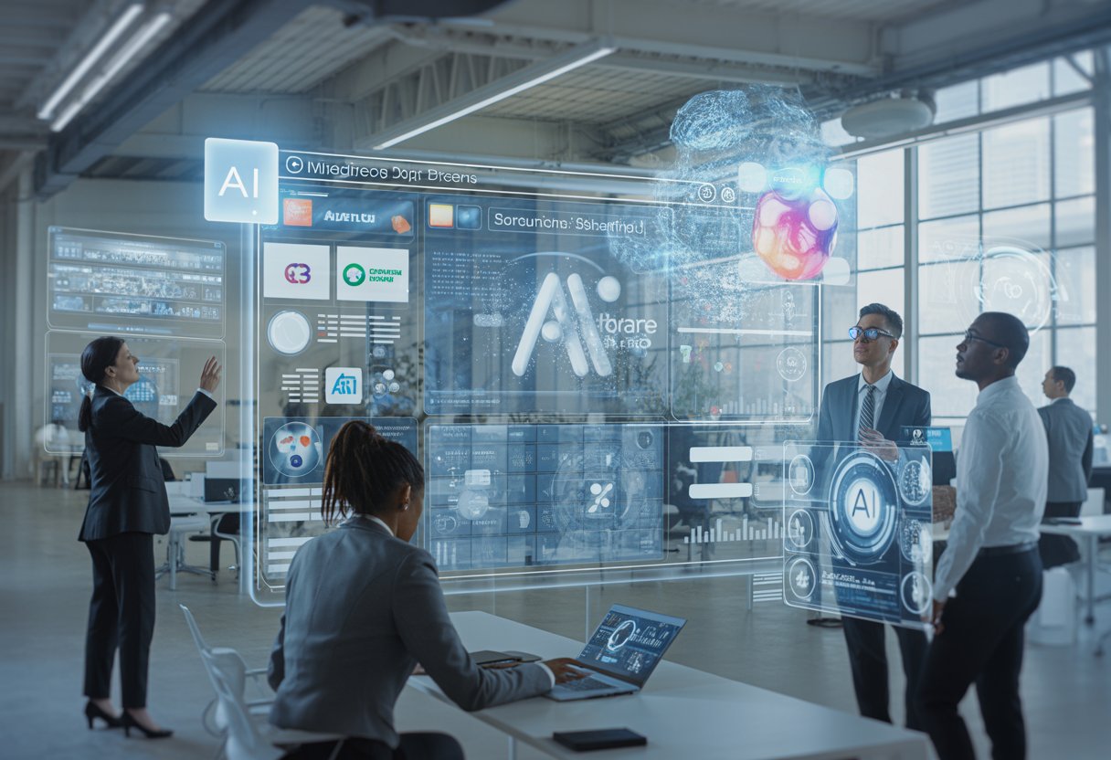 Geschäftsleute in einem modernen Büro analysieren digitale Bildschirme mit Daten und Markenlogos, um die Auswahl von Marken und Inhalten durch KI-Suchsysteme zu zeigen.