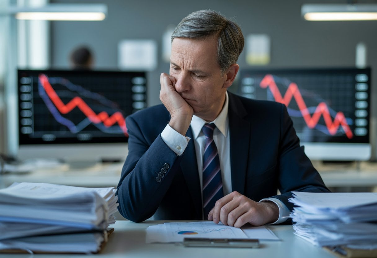 Ein nachdenklicher Geschäftsmann in einem Büro, der Finanzunterlagen und Diagramme mit abwärts gerichteten Kurven betrachtet.