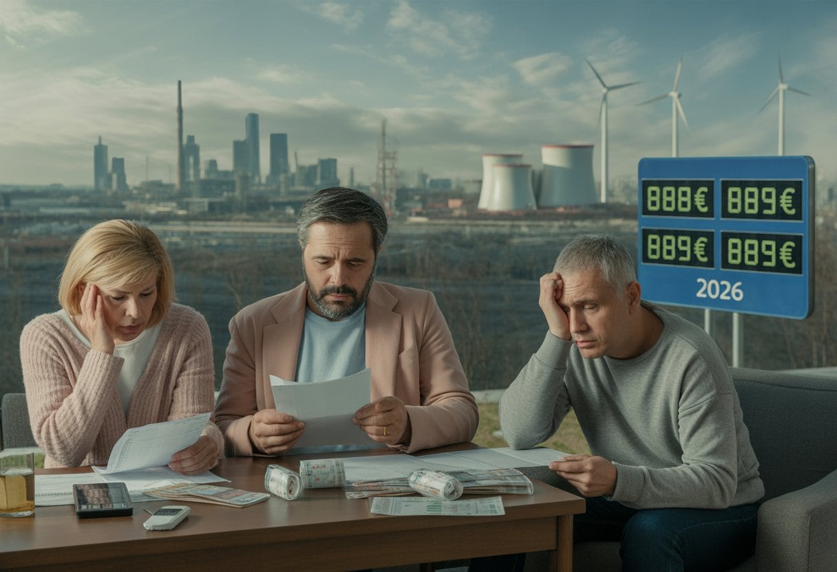 Eine europäische Familie betrachtet besorgt ihre Haushaltsrechnungen vor einer Stadt mit Energieanlagen und einer Anzeigetafel für steigende Energiepreise.