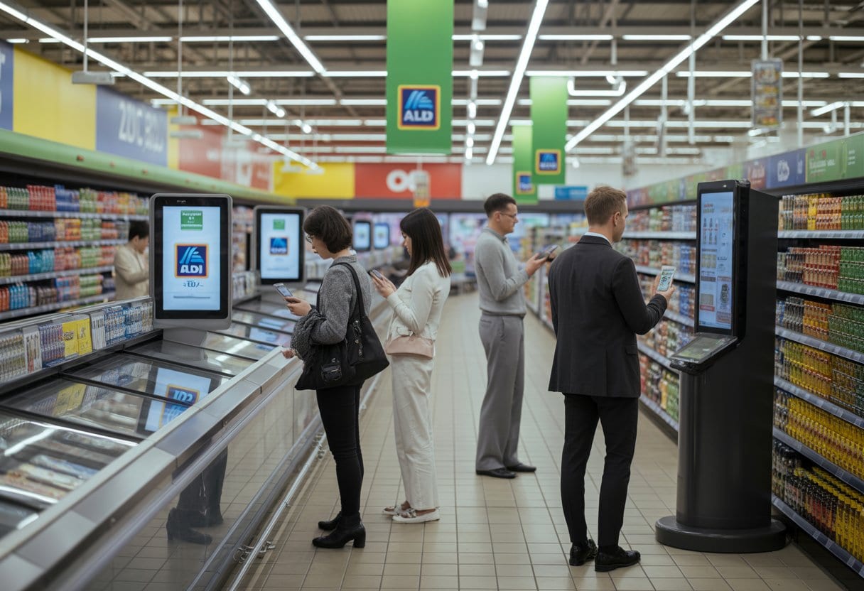 Innenansicht eines modernen Aldi Süd Geschäfts mit digitalen Werbebildschirmen und Kunden, die mit digitalen Geräten interagieren.