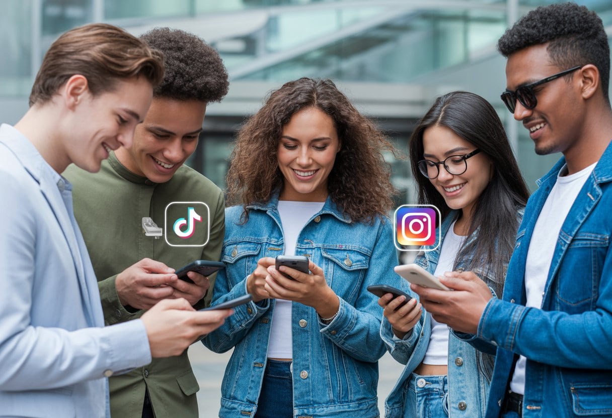 Junge Menschen nutzen Smartphones in einer modernen Stadt, um direkt über soziale Medien einzukaufen.