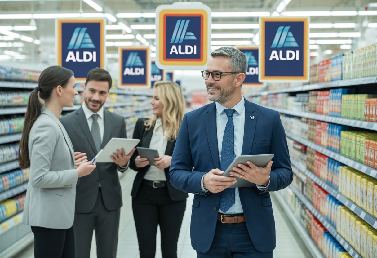 Geschäftsleute diskutieren in einem modernen Supermarkt mit digitalen Werbebildschirmen und gut sortierten Regalen.