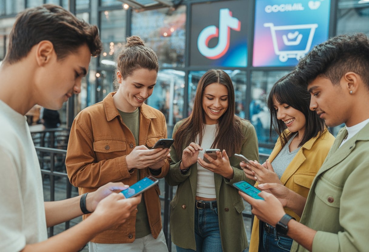 Mehrere junge Menschen nutzen ihre Smartphones in einem modernen Café, um über soziale Medien einzukaufen.