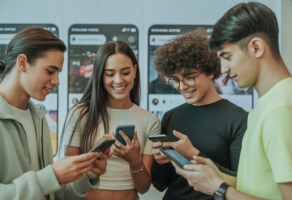 Junge Erwachsene nutzen Smartphones und Tablets, um direkt über soziale Medien wie TikTok und Instagram einzukaufen.
