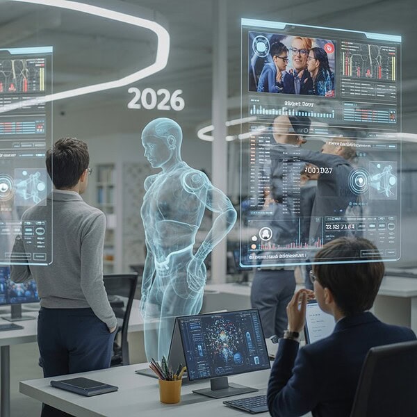 Ein modernes Büro mit mehreren Personen, die futuristische digitale Bildschirme beobachten, auf denen Daten und Marketinginformationen angezeigt werden. Holografische Figuren symbolisieren KI-Agenten, die eigenständig Kampagnen steuern.