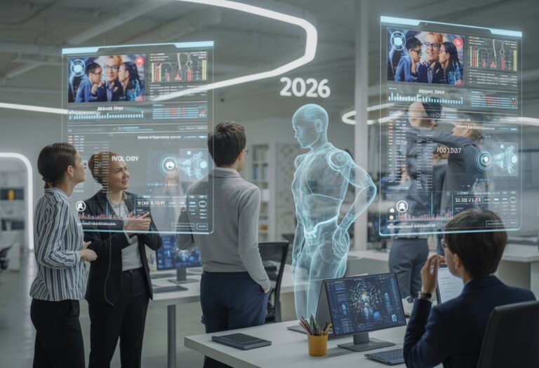 Ein modernes Büro mit mehreren Personen, die futuristische digitale Bildschirme beobachten, auf denen Daten und Marketinginformationen angezeigt werden. Holografische Figuren symbolisieren KI-Agenten, die eigenständig Kampagnen steuern.