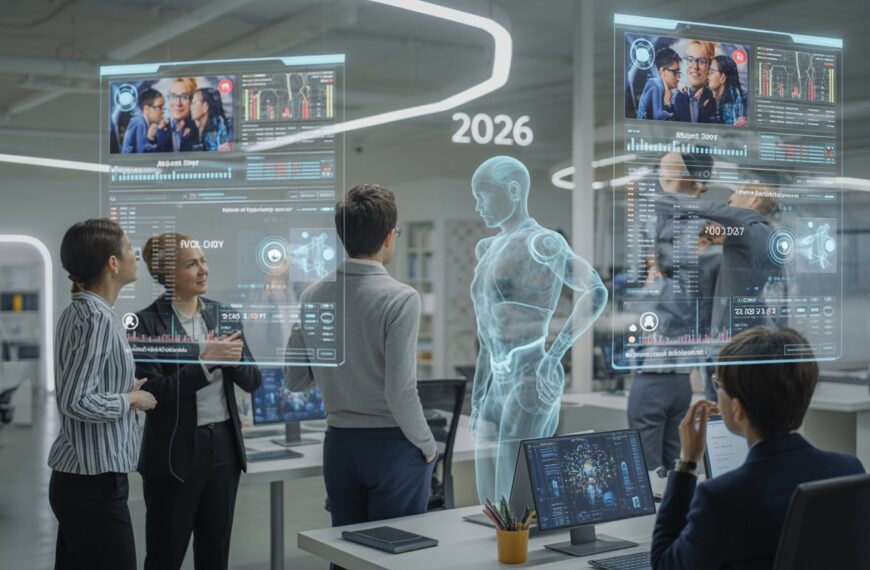 Ein modernes Büro mit mehreren Personen, die futuristische digitale Bildschirme beobachten, auf denen Daten und Marketinginformationen angezeigt werden. Holografische Figuren symbolisieren KI-Agenten, die eigenständig Kampagnen steuern.
