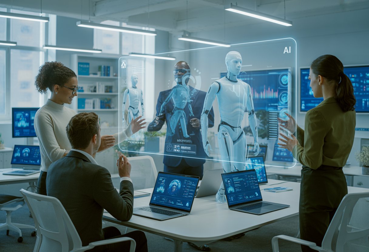 Marketingteam arbeitet in einem modernen Büro mit fortschrittlicher KI-Technologie, die autonome Kampagnen steuert.