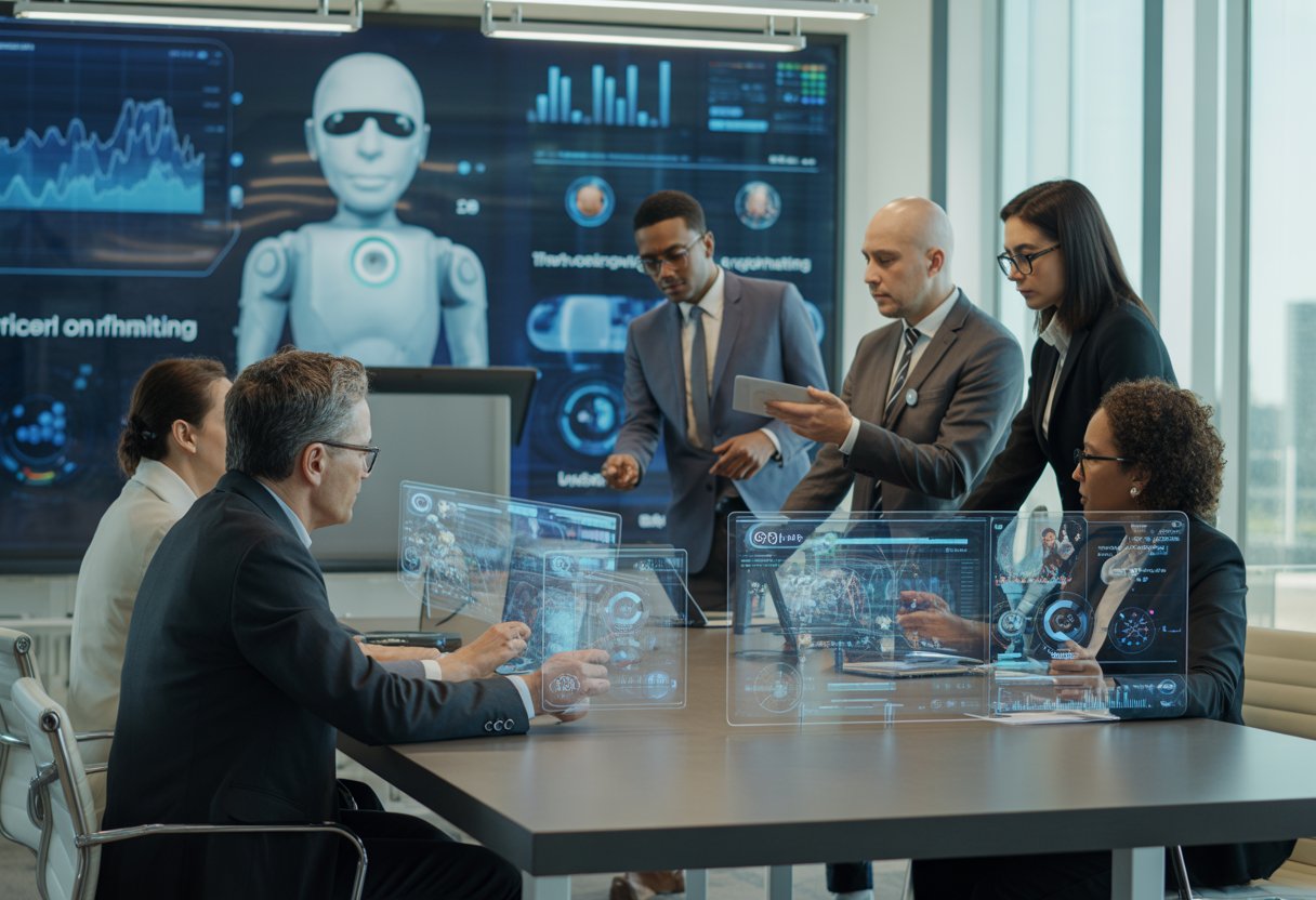 Ein Team von Fachleuten in einem modernen Büro arbeitet gemeinsam an KI-gesteuerten Marketingkampagnen mit digitalen Bildschirmen im Hintergrund.