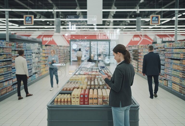 Kundin nutzt ein Smartphone neben einer digitalen Werbefläche in einem modernen Supermarkt.