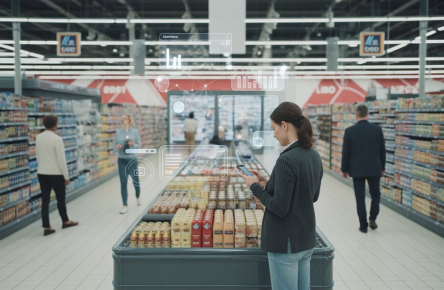 Kundin nutzt ein Smartphone neben einer digitalen Werbefläche in einem modernen Supermarkt.
