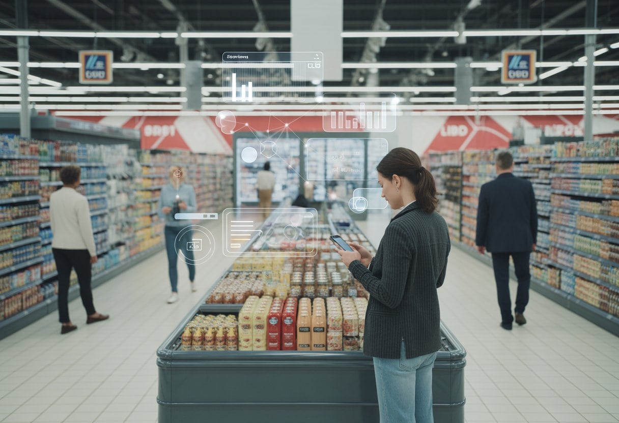 Kundin nutzt ein Smartphone neben einer digitalen Werbefläche in einem modernen Supermarkt.