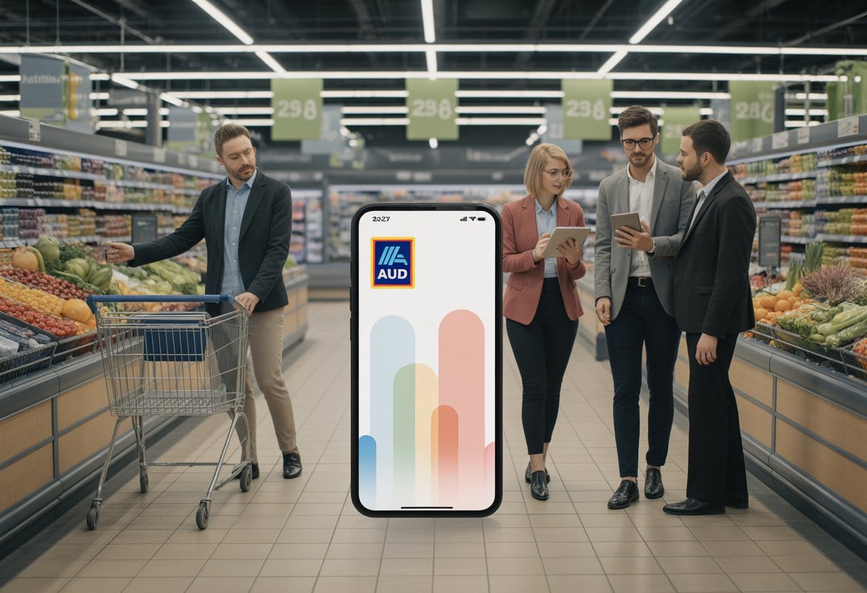 Marketingfachleute besprechen in einem modernen Supermarkt eine digitale Werbestrategie.