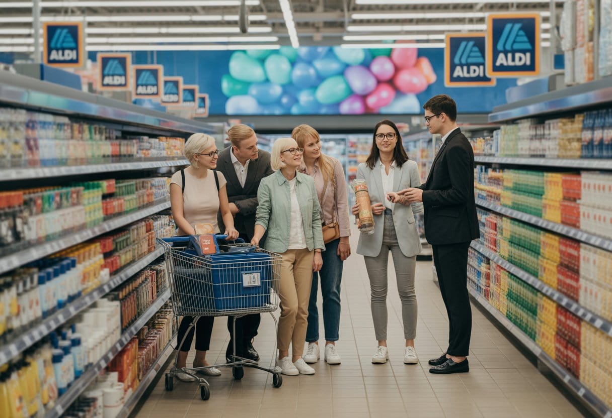 Kundinnen und Kunden vergleichen Marken- und Eigenmarkenprodukte in einem modernen Supermarkt, während eine Mitarbeiterin eine Person bei der Regalplatzierung berät.