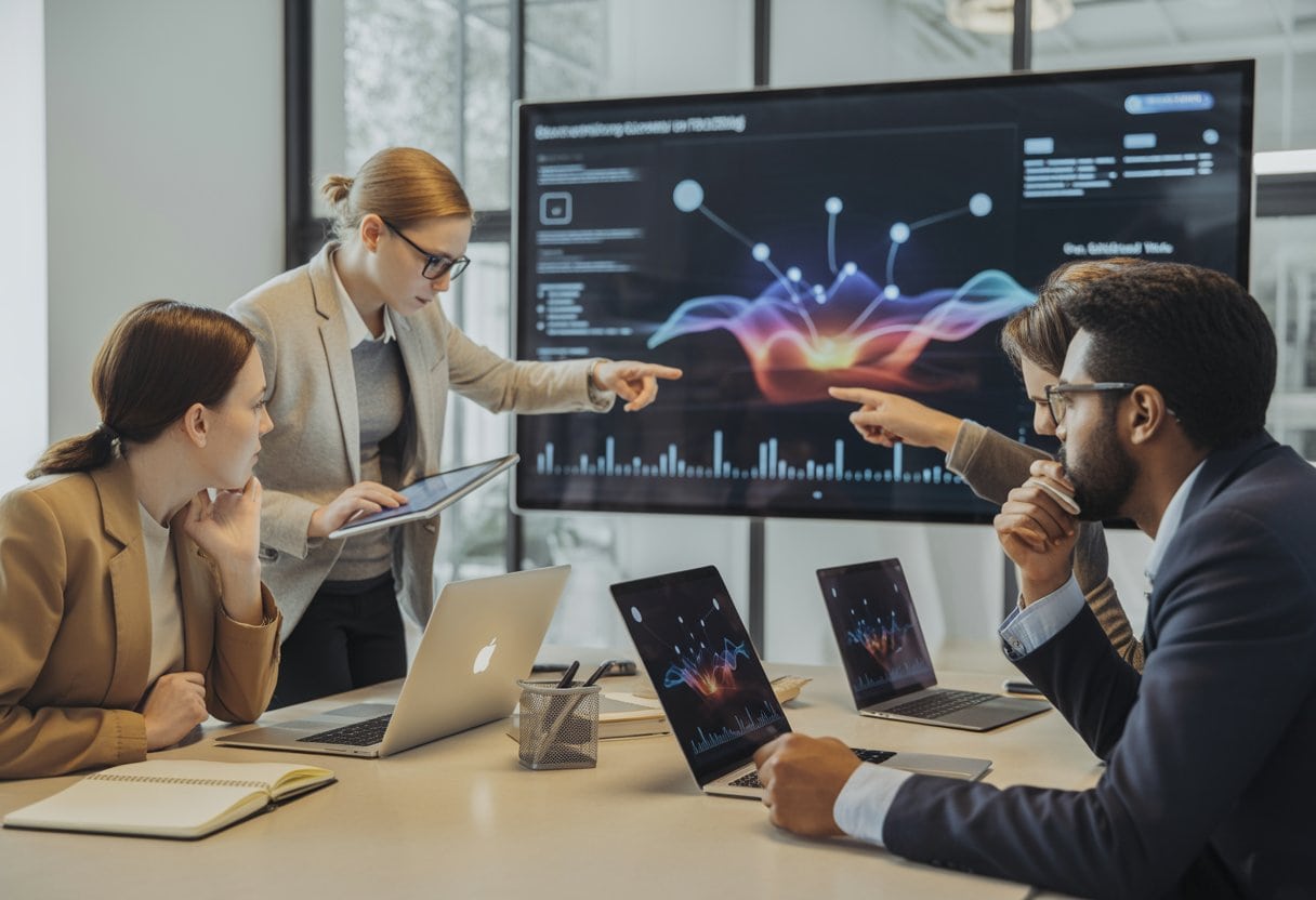 Ein diverses Marketingteam analysiert gemeinsam digitale Reichweiten- und Netzwerkdaten in einem modernen Büro.