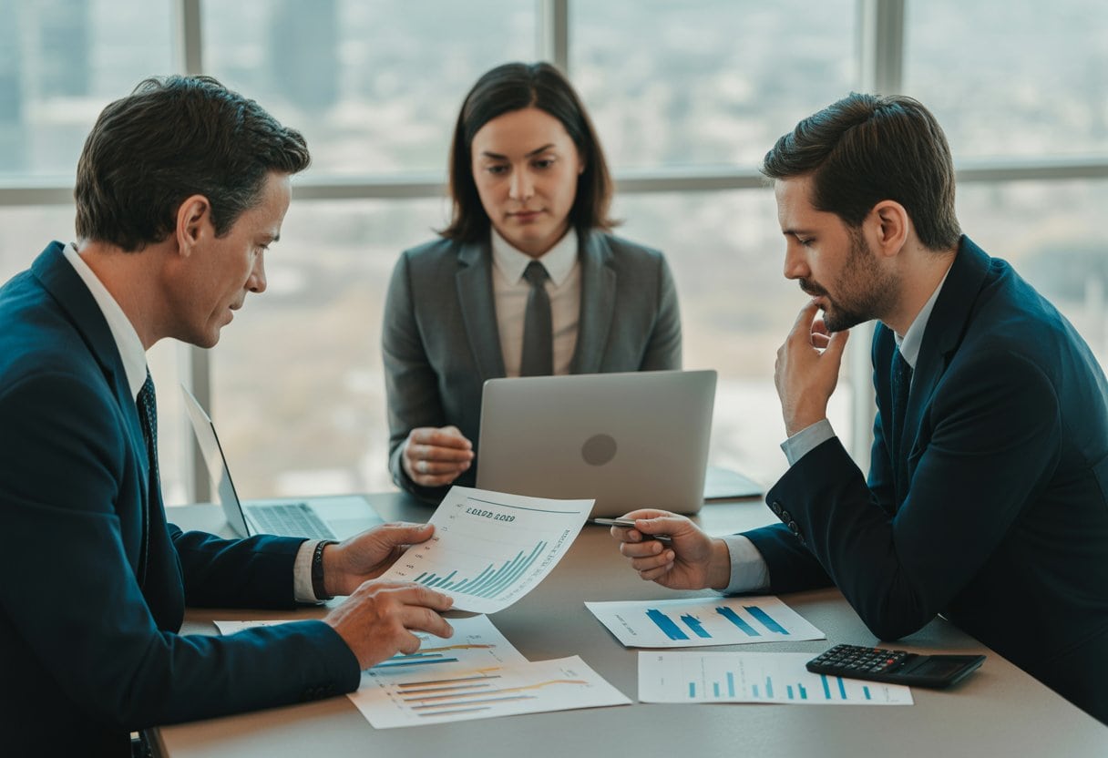 Drei Geschäftsleute analysieren in einem modernen Büro Finanzunterlagen und Preisdiagramme.