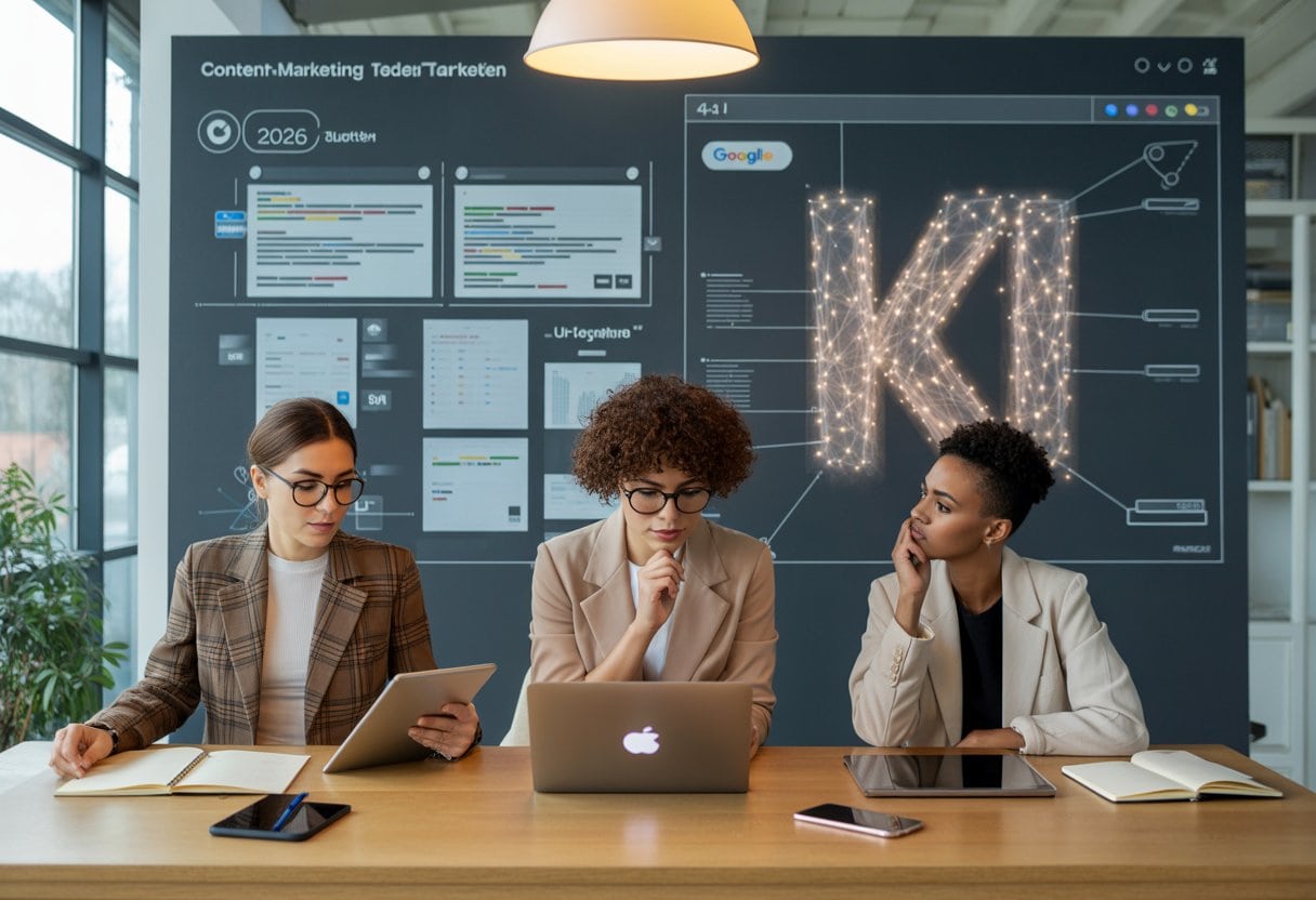 Drei Marketingfachleute analysieren gemeinsam digitale Inhalte an einem modernen Arbeitsplatz.