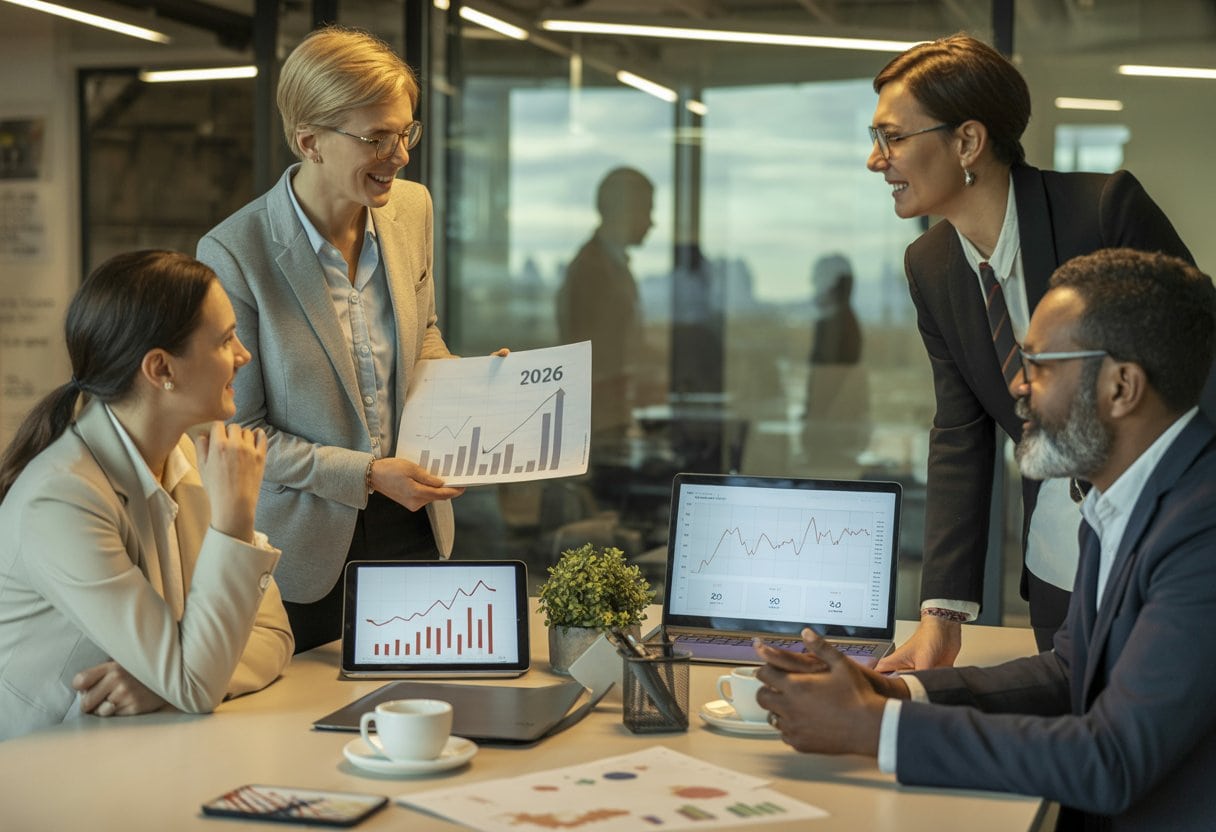 Ein diverses Geschäftsteam bespricht in einem modernen Büro Investitionsentscheidungen anhand von Diagrammen und Unterlagen.