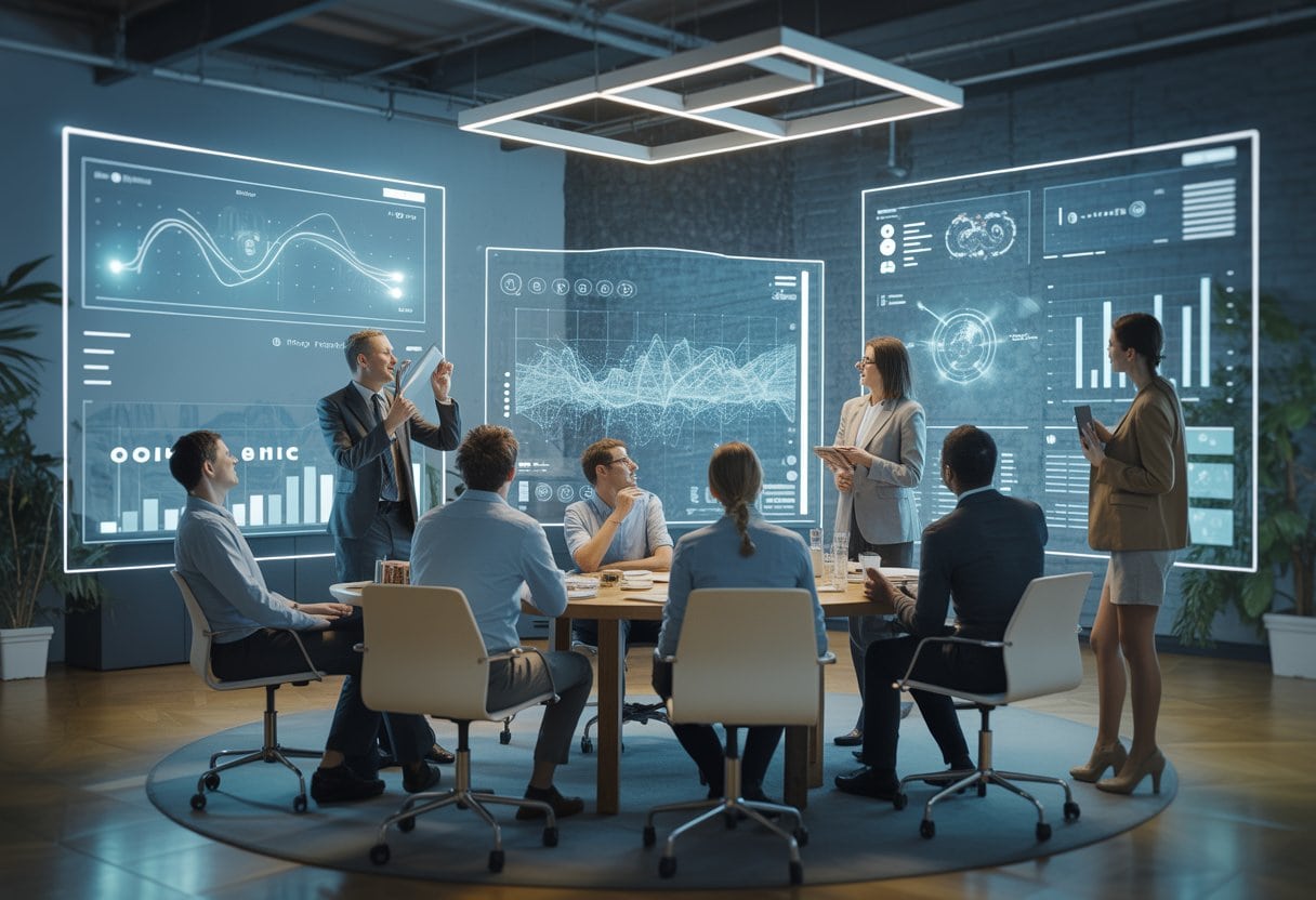 Ein Marketingteam analysiert gemeinsam digitale Kampagnendaten auf mehreren Bildschirmen.