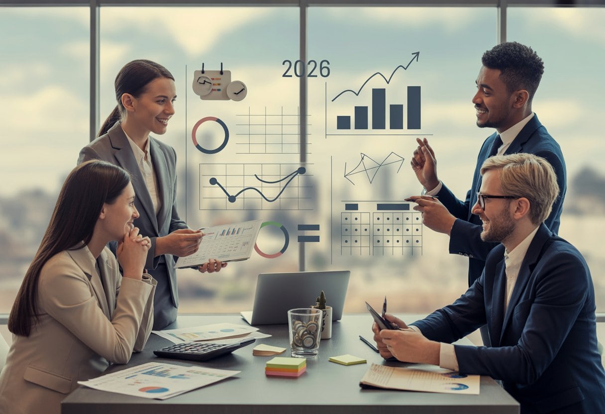Ein diverses Team plant in einem modernen Büro gemeinsam ein flexibles Werbebudget.