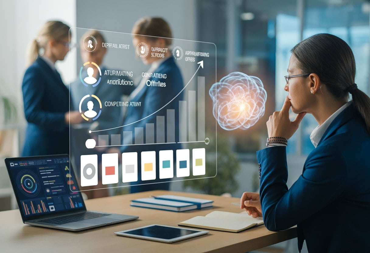 Marketingstrategin analysiert Zielgruppen und Kampagnendaten an einer digitalen Planungswand.