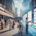 People walking down a street with a smartphone screen