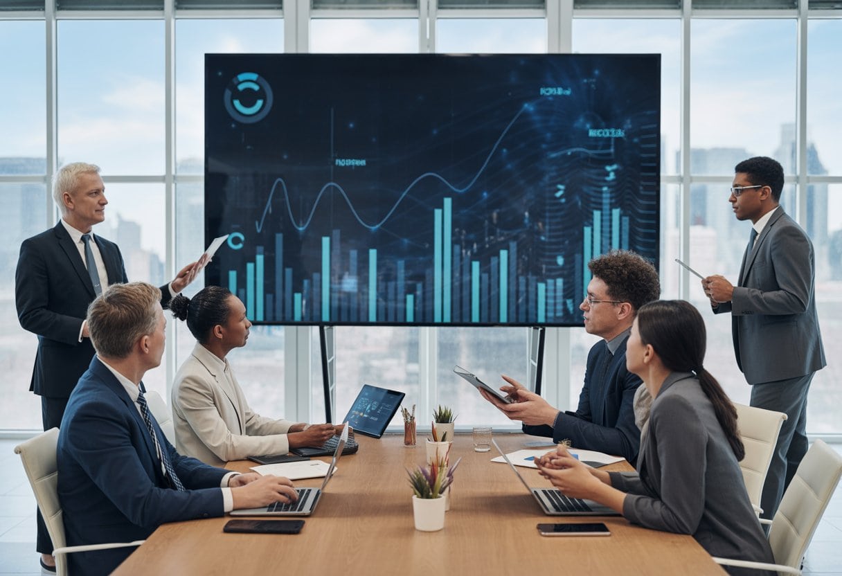 Geschäftsleute in einem modernen Büro bei einer Besprechung mit digitalen Grafiken auf einem Bildschirm und Blick auf eine Stadt im Hintergrund.